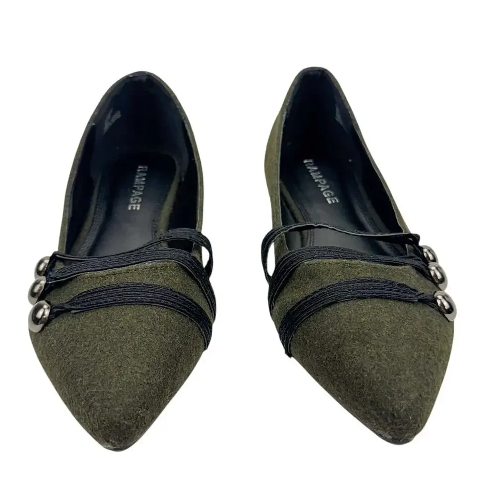 Rampage Safari Green Wool Strappy Button Pointed Toe Flats Sz 8.5 Comfort Trendy